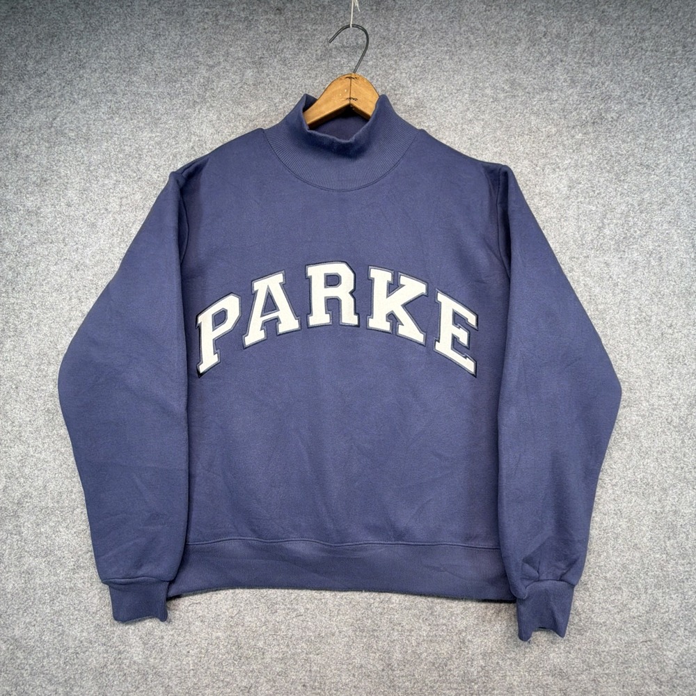 PARKE Varsity Mockneck Sweatshirt Blue White Logo Pullover Women's S/M